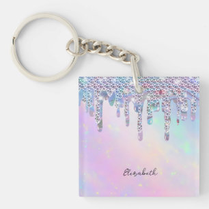 Trendy Rainbow Glitter Drips Holographic Keychain