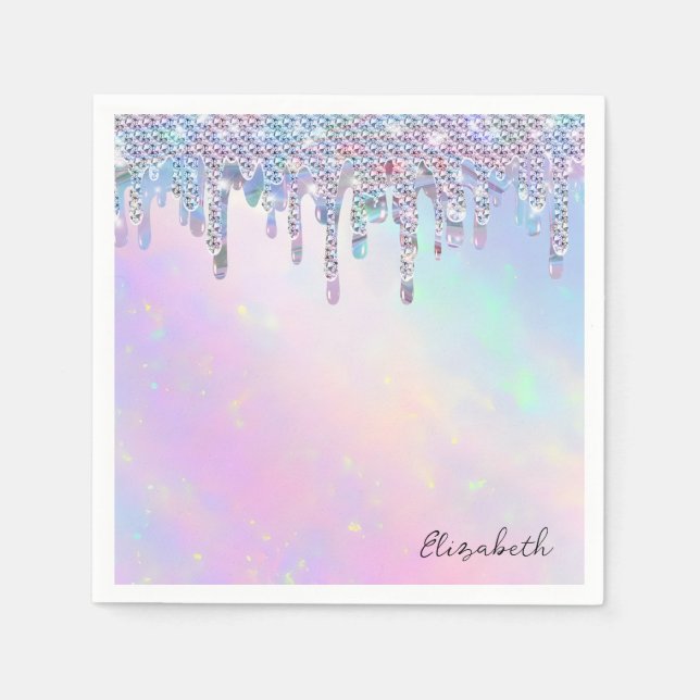 Trendy Rainbow Glitter Drips Holographic Napkins (Front)