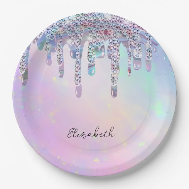 Trendy Rainbow Glitter Drips Holographic Paper Plates (Front)