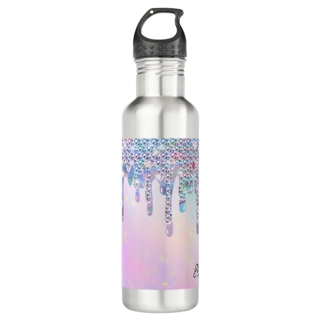 Trendy Rainbow Glitter Drips Holographic Stainless Steel Water Bottle (Front)