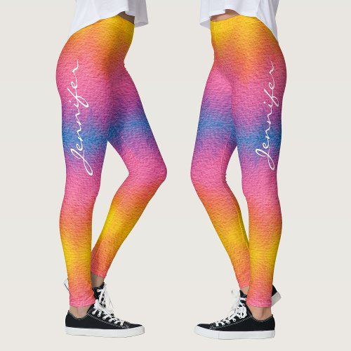 Trendy Rainbow Gradient  Name Watercolor Leggings