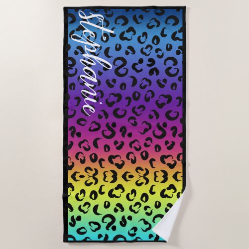 Trendy Rainbow Leopard Print Custom Name Wedding Beach Towel