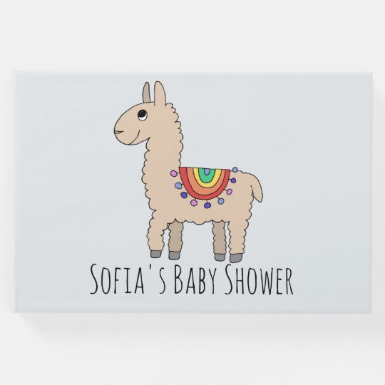 Trendy Rainbow Llama Cartoon and Name Baby Shower Guest Book