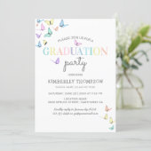 Trendy Rainbow Pastel Butterfly Graduation Party Invitation (Standing Front)