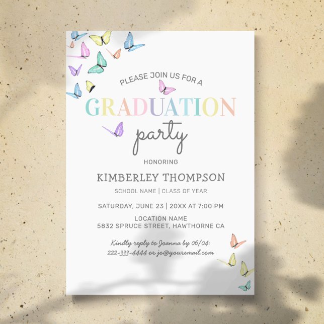 Trendy Rainbow Pastel Butterfly Graduation Party Invitation