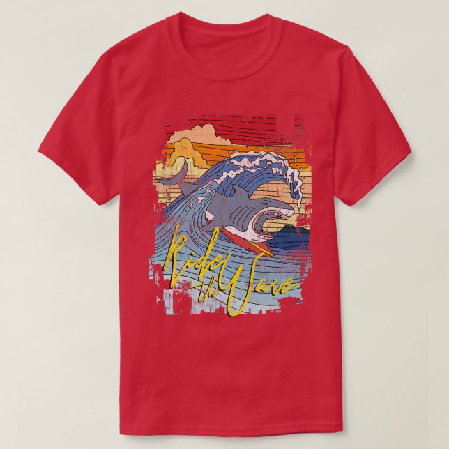 Trendy Rainbow Shark Graphic Ride The Wave T-Shirt (Design Front)