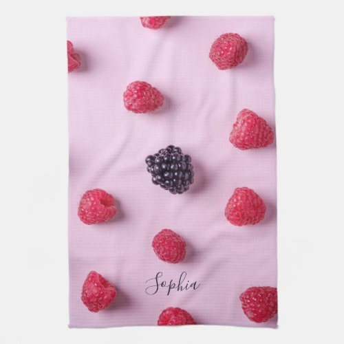 Trendy Raspberry Fruit Script Name Kitchen Towel