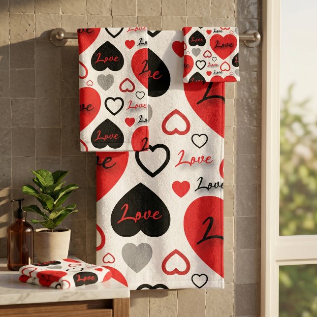 Trendy Red and Black Love Hearts Romantic Pattern Bath Towel Set (Creator Uploaded)