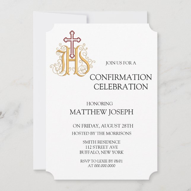 Trendy Red and Gold Flourish Confirmation Invitation (Front)