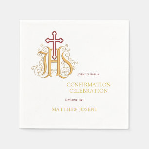 Trendy Red and Gold Flourish Confirmation Napkins
