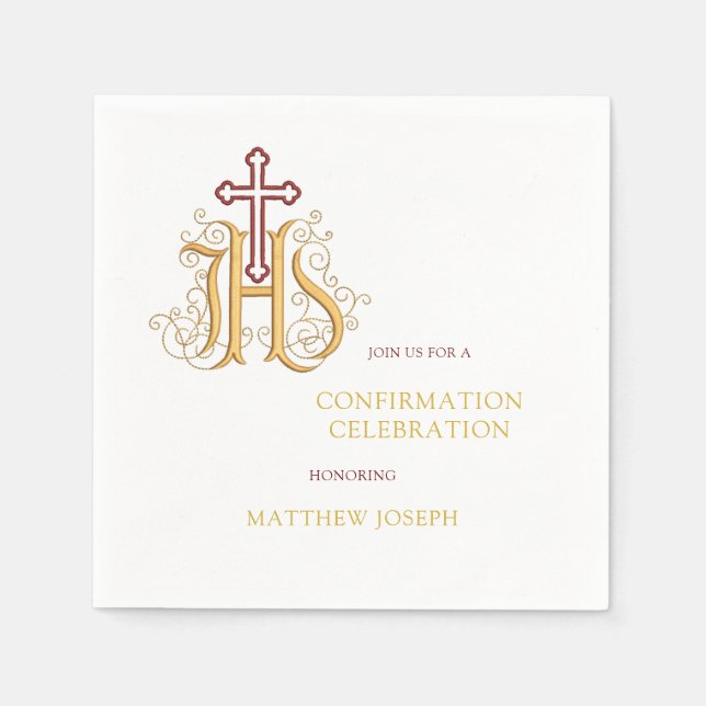 Trendy Red and Gold Flourish Confirmation Napkins (Front)