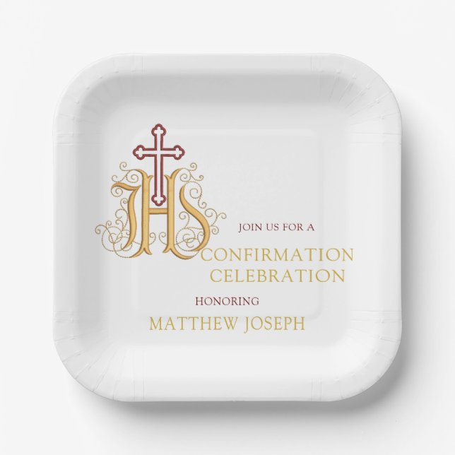 Trendy Red and Gold Flourish Confirmation Paper Plates (Front)