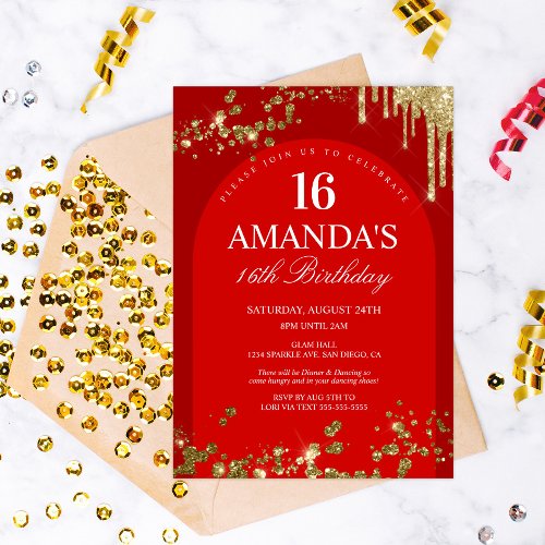 Trendy Red and Gold Glitter Drip Birthday Invitation