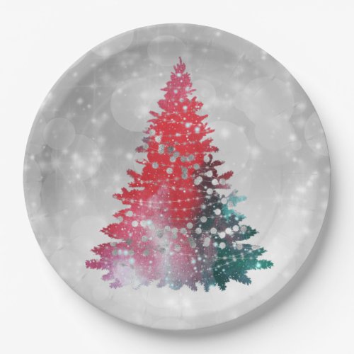 Trendy Red and Green Watercolor Tree Christmas Paper Plates