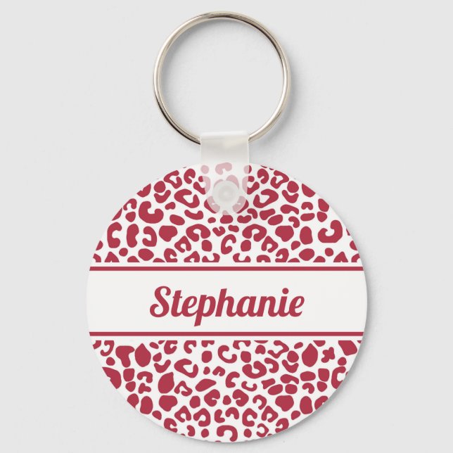 Trendy Red and White Leopard Print With Name Keychain (Front)