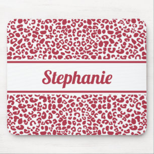 Trendy Red and White Leopard Print With Name Mouse Pad