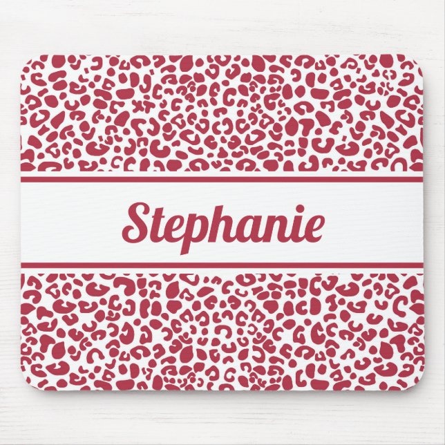 Trendy Red and White Leopard Print With Name Mouse Pad (Front)