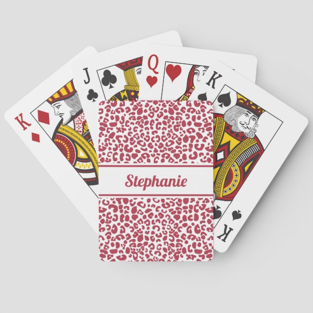 Trendy Red and White Leopard Print With Name Poker Cards (Back)