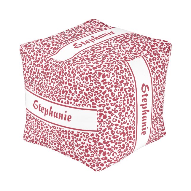 Trendy Red and White Leopard Print With Name Pouf (Angled Back)