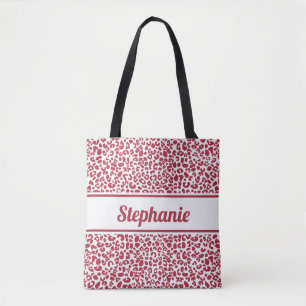 Trendy Red and White Leopard Print With Name Tote Bag
