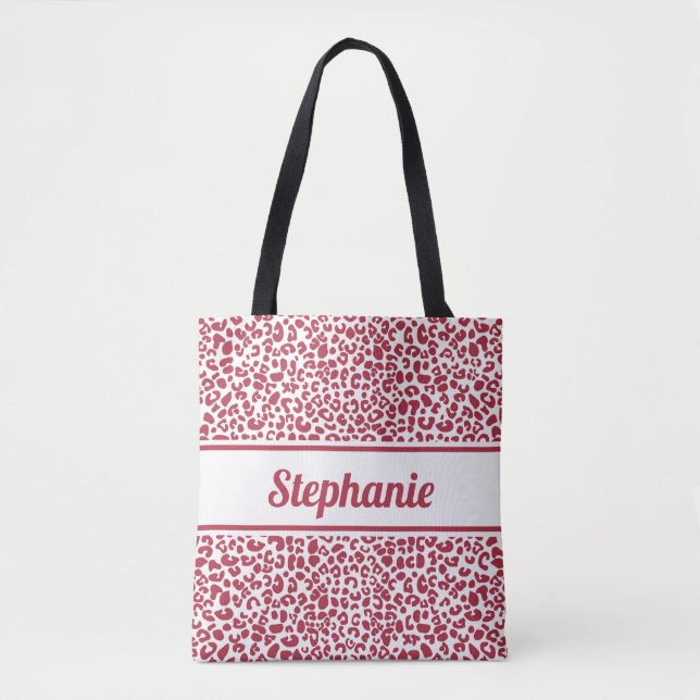 Trendy Red and White Leopard Print With Name Tote Bag (Front)