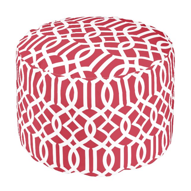 Trendy Red and White Moroccan Trellis Pattern Pouf (Angled Front)