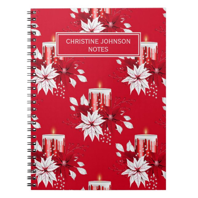 Trendy Red and White Poinsettia Flower Notebook (Front)