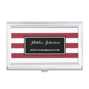 Trendy Red and White Stripes Salon Hair Stylist Business Card Holder