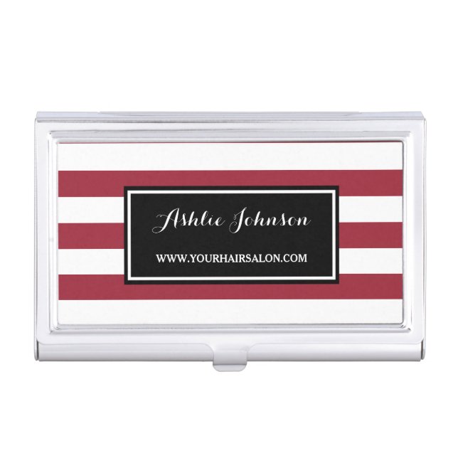 Trendy Red and White Stripes Salon Hair Stylist Business Card Holder (Front)