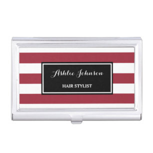 Trendy Red and White Stripes Salon Hair Stylist Business Card Holder