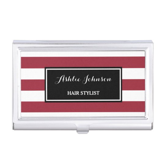 Trendy Red And White Stripes Salon Hair Stylist Business Card
