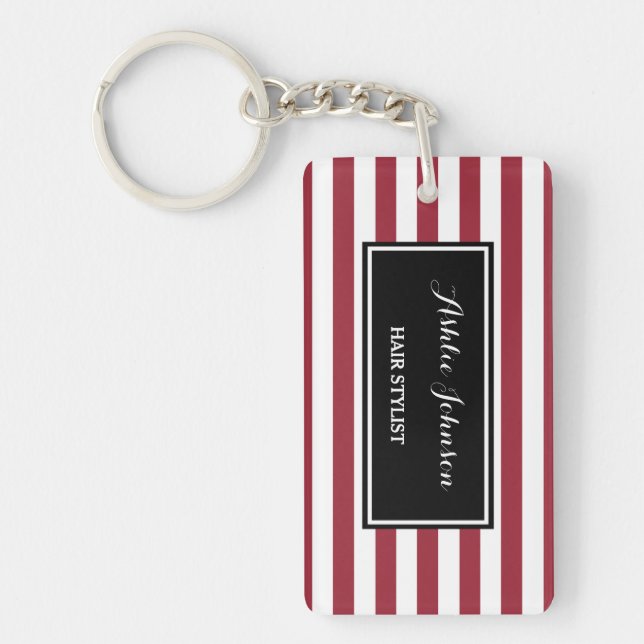 Trendy Red and White Stripes Salon Hair Stylist Keychain (Front)