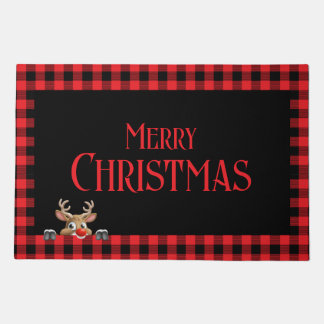Trendy Red Black Buffalo Check with Reindeer Doormat