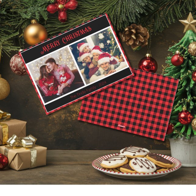 Trendy Red Black Buffalo Paid with 2 Family Photos Holiday Card (Merry Christmas Family Photo Christmas Card)