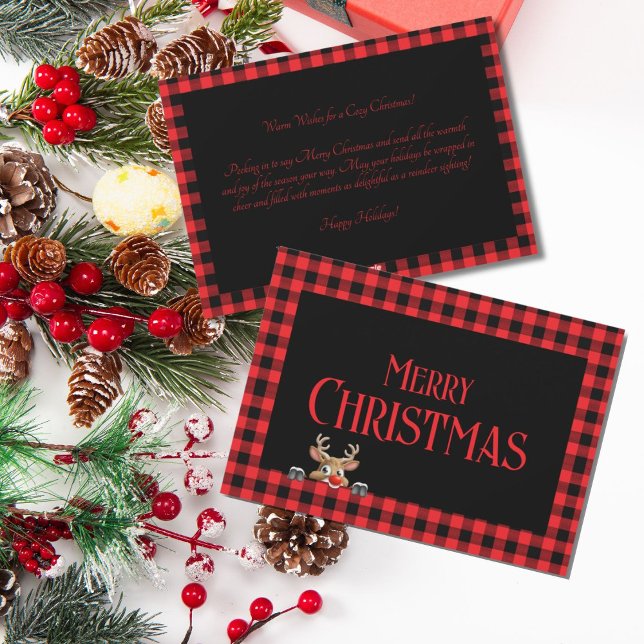 Trendy Red Black Buffalo Paid with Cute Reindeer  Holiday Card ("Merry Christmas" Vintage Red & Black Buffalo Check)