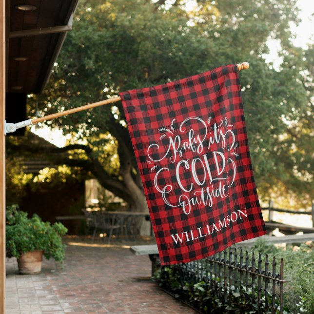 Trendy Red Black Buffalo Plaid Christmas Name House Flag (In SItu)