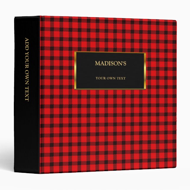 Trendy red black buffalo plaid gold 3 ring binder (Front/Spine)