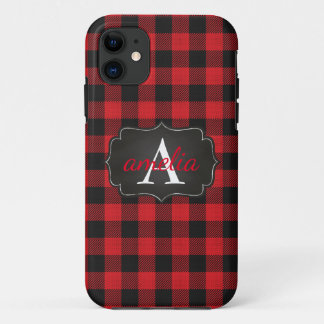 Trendy Red Black Buffalo Plaid Your Name Checks iPhone 11 Case