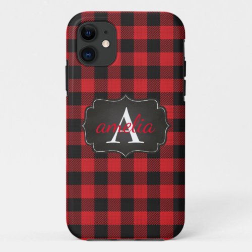 Trendy Red Black Buffalo Plaid Your Name Checks iPhone 11 Case