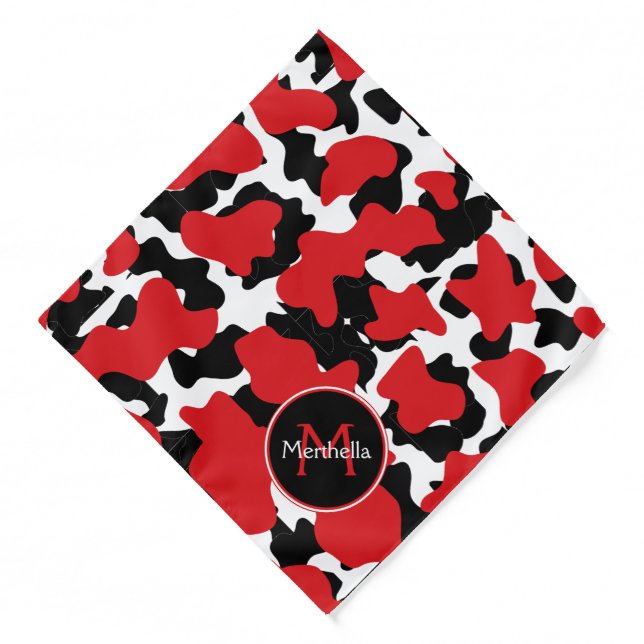 Trendy Red Black Cow Print Monogram Bandana (Front)
