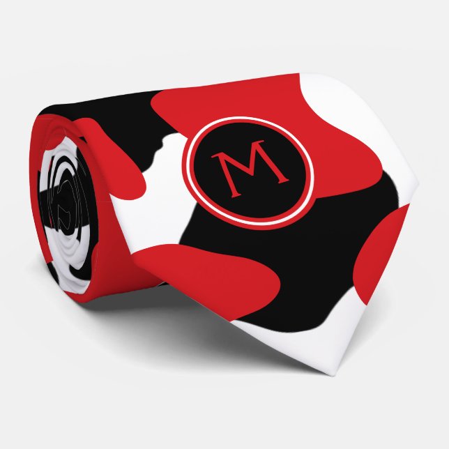 Trendy Red Black Cow Print Monogram Neck Tie (Rolled)