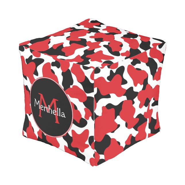 Trendy Red Black Cow Print Monogram Outdoor Pouf (Angled Front)