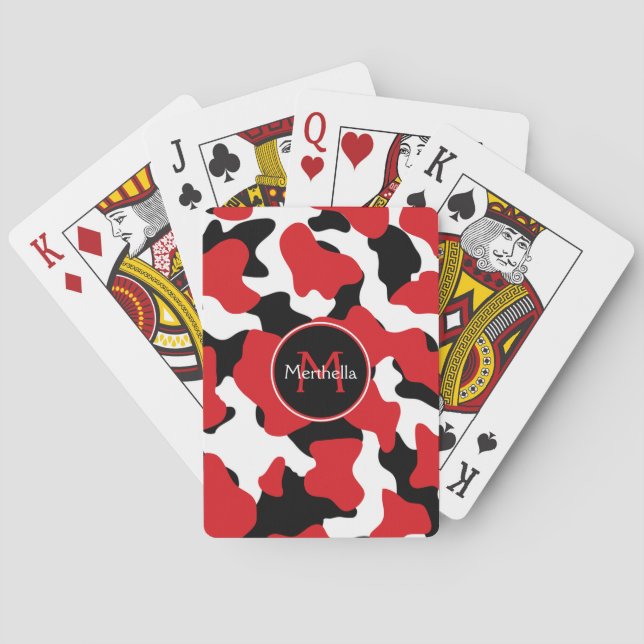 Trendy Red Black Cow Print Monogram Poker Cards (Back)