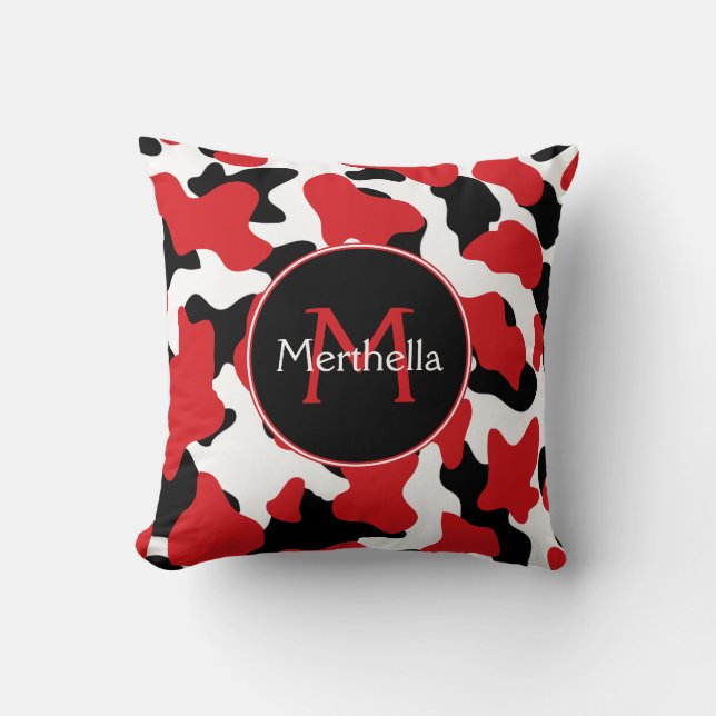 Trendy Red Black Cow Print Monogram Throw Pillow (Front)