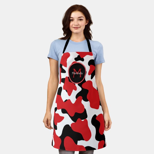 Trendy Red Black Cow Print Personalized Apron (Worn)