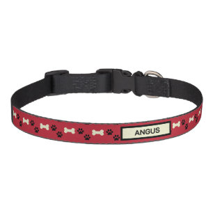 Trendy Red Black Paws Bones WIth Dog Name Custom Pet Collar