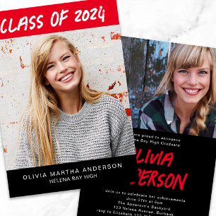 Trendy Red Black Photos Graduation Invitation