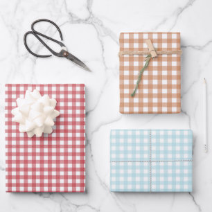 Trendy Red Blue Brown Gingham Plaid Pattern Wrapping Paper Sheets