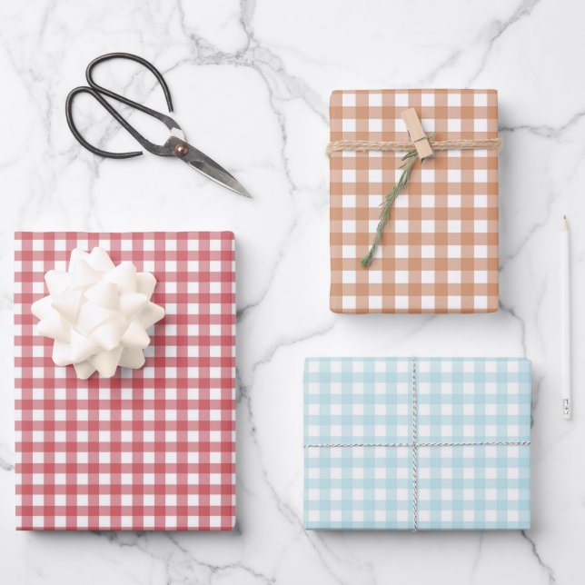 Trendy Red Blue Brown Gingham Plaid Pattern Wrapping Paper Sheets (Front)