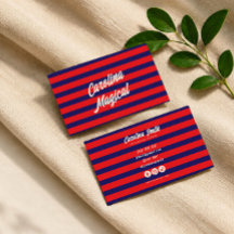 Trendy Red blue Striped script Business card